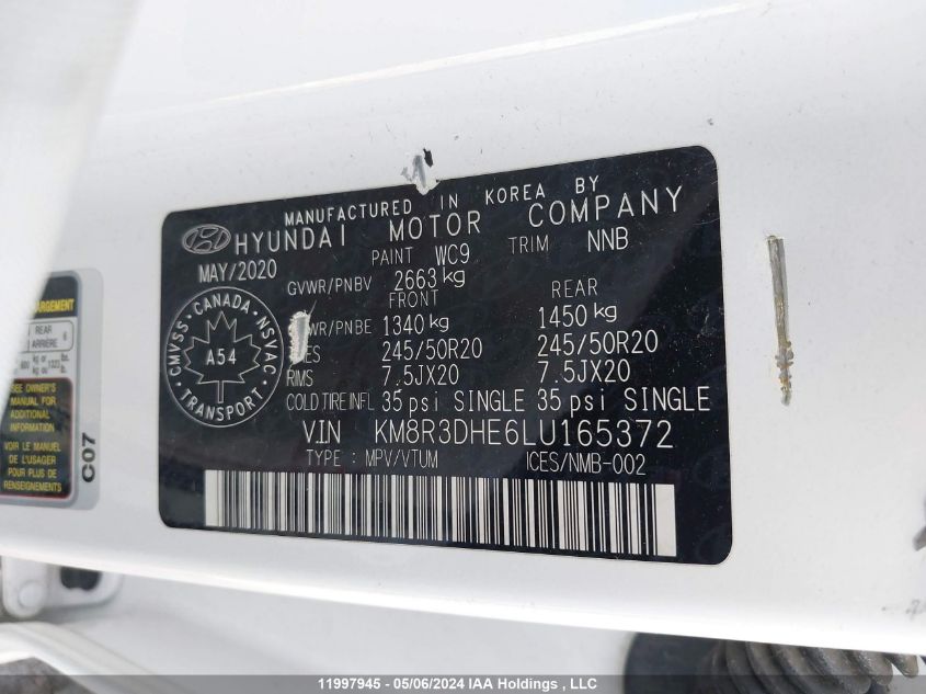 2020 Hyundai Palisade Luxury 8-Passenger Seating VIN: KM8R3DHE6LU165372 Lot: 11997945