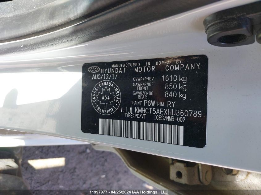 2017 Hyundai Accent Se VIN: KMHCT5AEXHU360789 Lot: 11997977