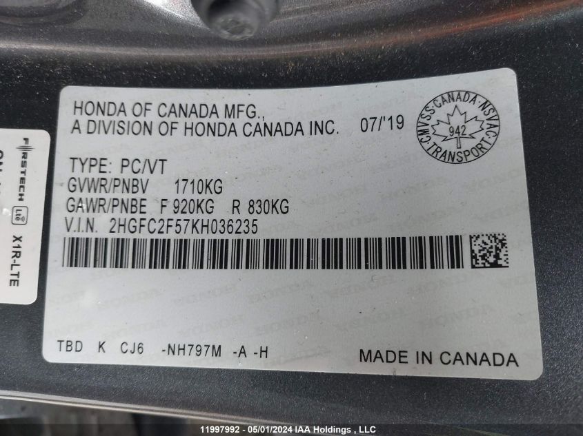 2019 Honda Civic VIN: 2HGFC2F57KH036235 Lot: 11997992