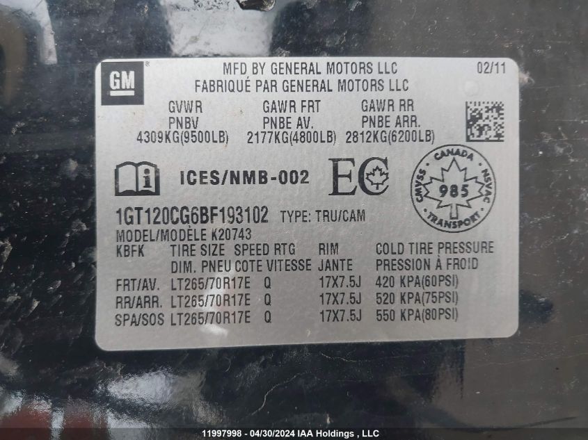 2011 GMC Sierra 2500Hd VIN: 1GT120CG6BF193102 Lot: 11997998