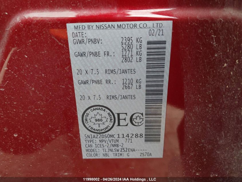 2021 Nissan Murano VIN: 5N1AZ2DS0MC114288 Lot: 11998002