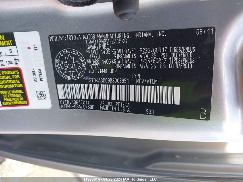 2011 Toyota Sienna Le VIN: 5TDKA3DC9BS008951 Lot: 11998014