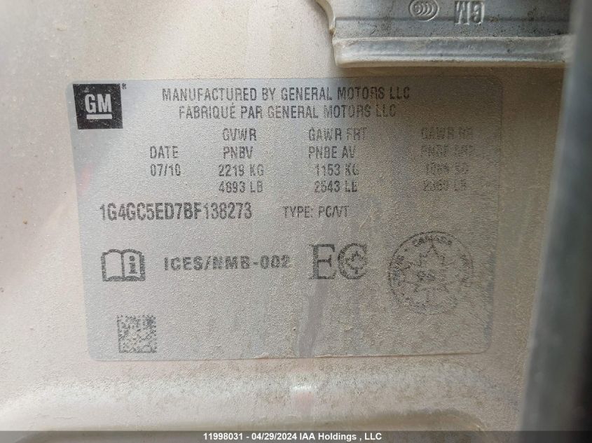 2011 Buick Lacrosse VIN: 1G4GC5ED7BF138273 Lot: 11998031