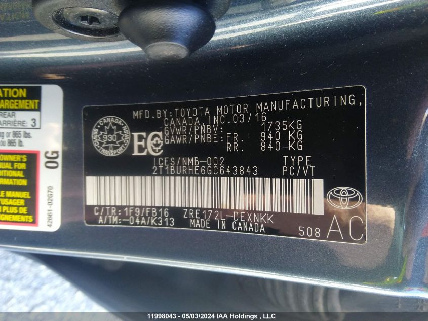 2016 Toyota Corolla Ce/Le/S VIN: 2T1BURHE6GC643843 Lot: 11998043