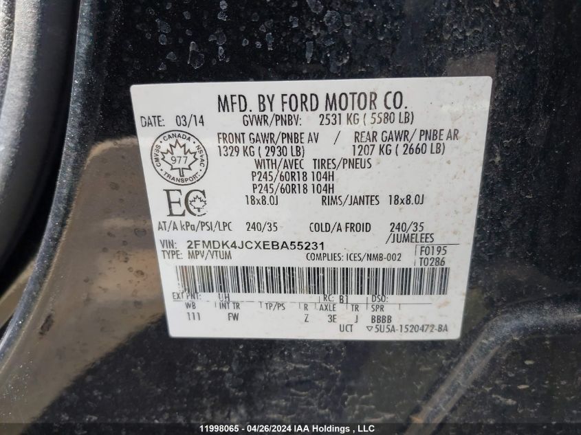 2014 Ford Edge Sel VIN: 2FMDK4JCXEBA55231 Lot: 11998065