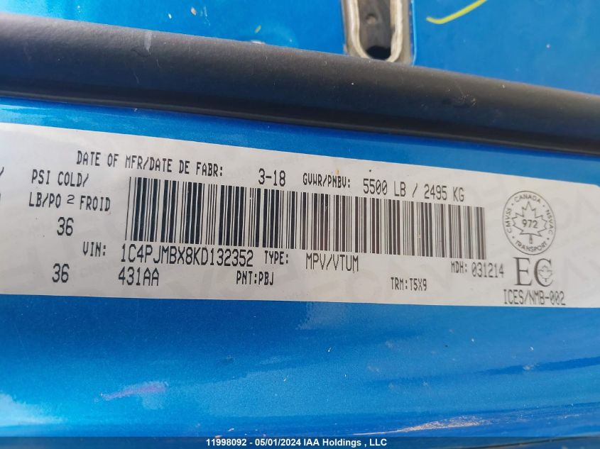 2019 Jeep Cherokee Trailhawk VIN: 1C4PJMBX8KD132352 Lot: 11998092