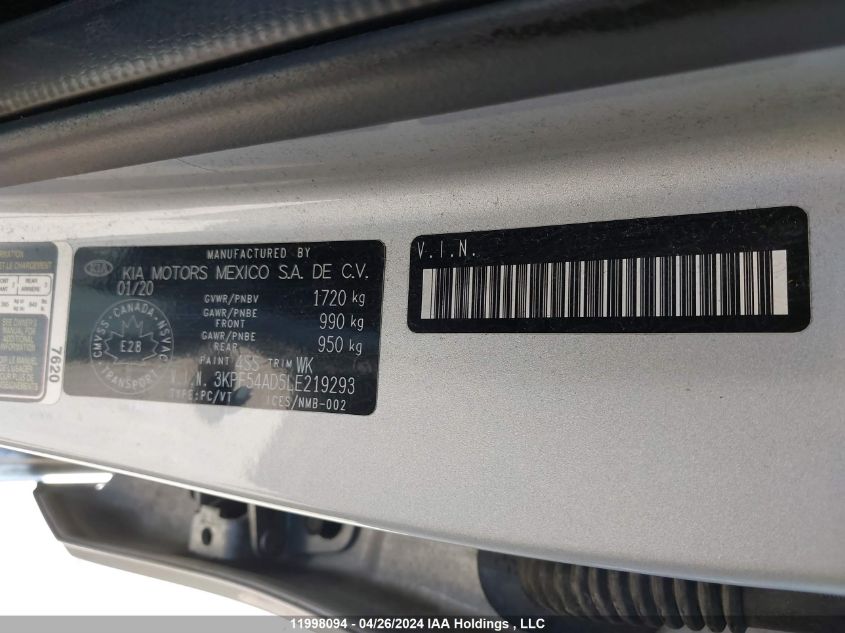 2020 Kia Forte VIN: 3KPF54AD5LE219293 Lot: 11998094