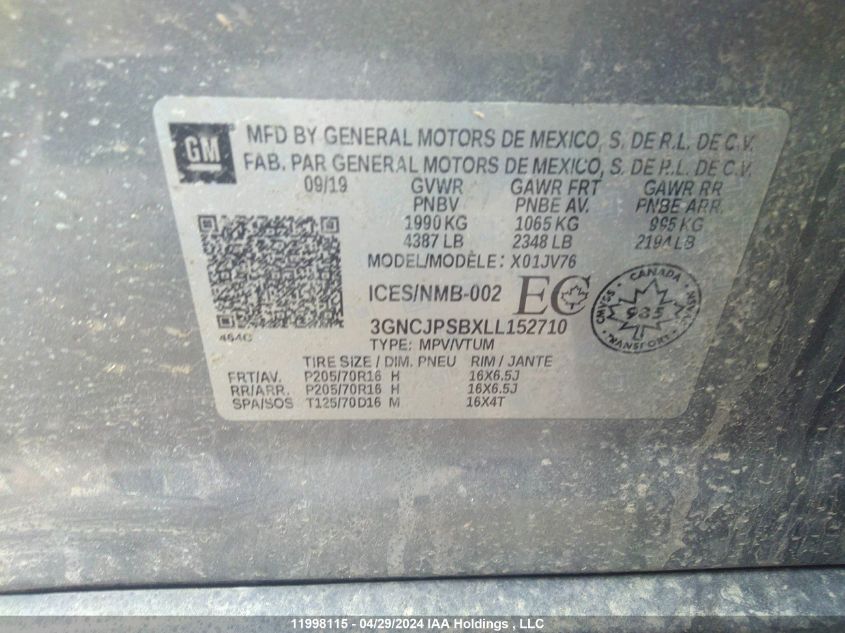 2020 Chevrolet Trax VIN: 3GNCJPSBXLL152710 Lot: 11998115