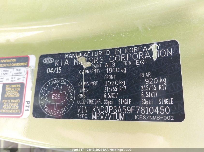 2015 Kia Soul + VIN: KNDJP3A59F7810450 Lot: 11998117