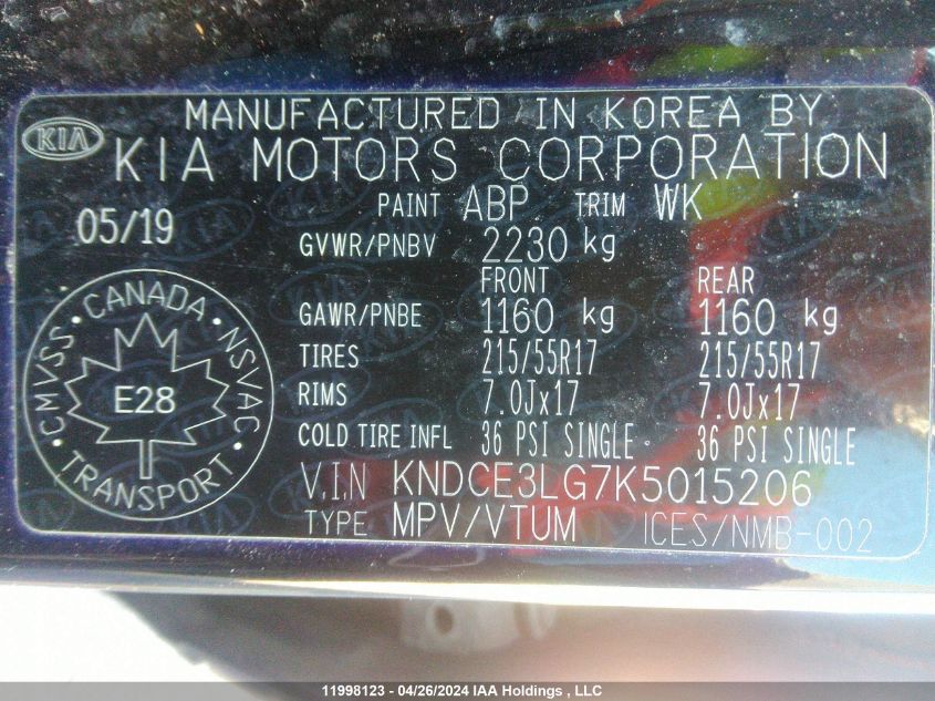 2019 Kia Niro Ev VIN: KNDCE3LG7K5015206 Lot: 11998123