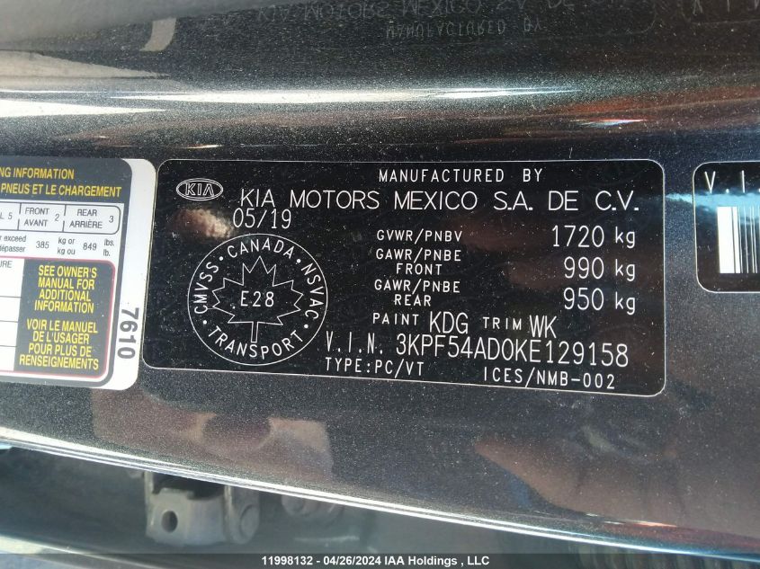 2019 Kia Forte Ex VIN: 3KPF54AD0KE129158 Lot: 11998132