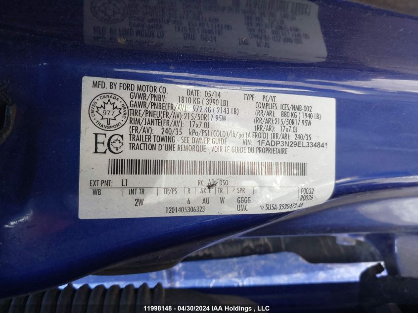 2014 Ford Focus Titanium VIN: 1FADP3N29EL334841 Lot: 11998148