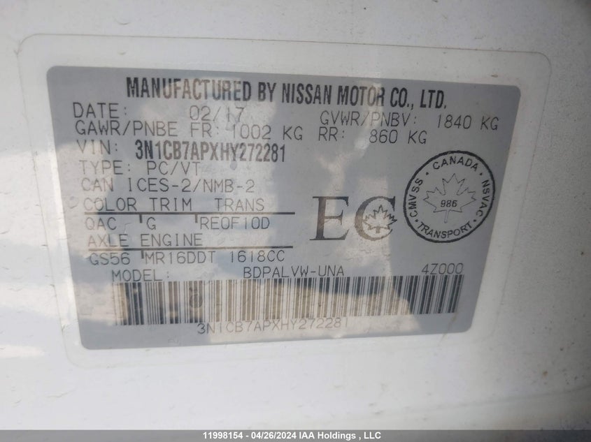 2017 Nissan Sentra VIN: 3N1CB7APXHY272281 Lot: 11998154