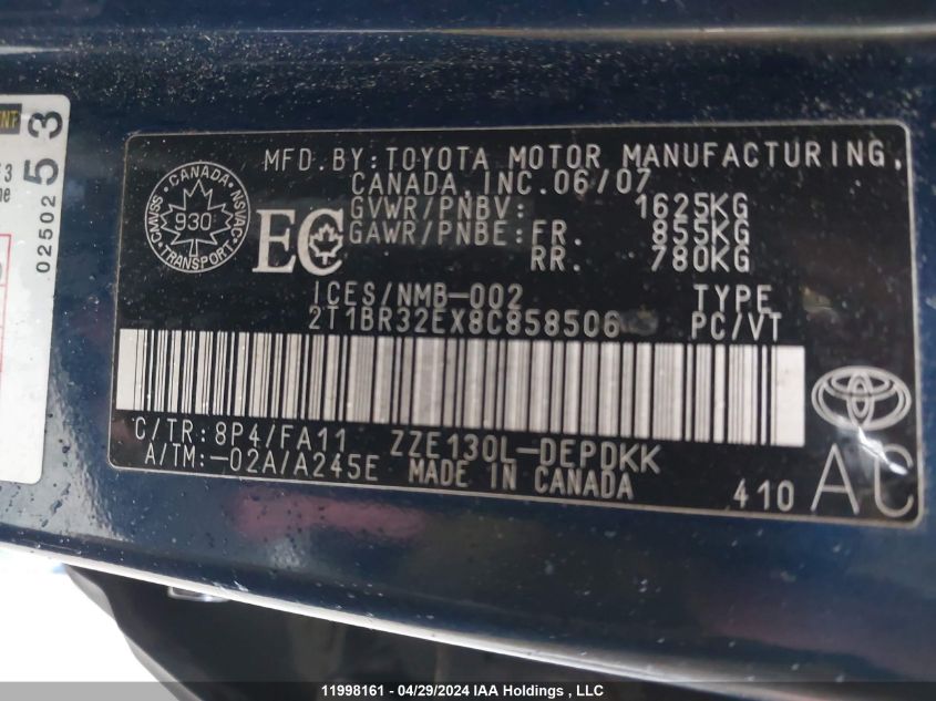 2008 Toyota Corolla Ce/Le/S VIN: 2T1BR32EX8C858506 Lot: 11998161