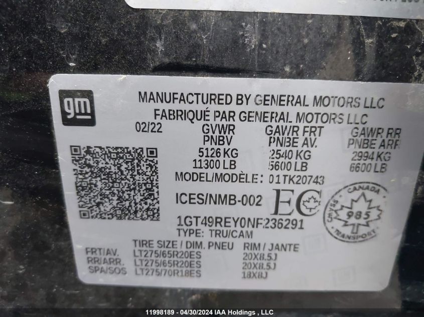 2022 GMC Sierra 2500Hd VIN: 1GT49REY0NF236291 Lot: 11998189