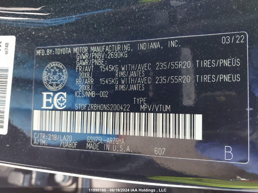 2022 Toyota Highlander Platinum VIN: 5TDFZRBH0NS200422 Lot: 11998195