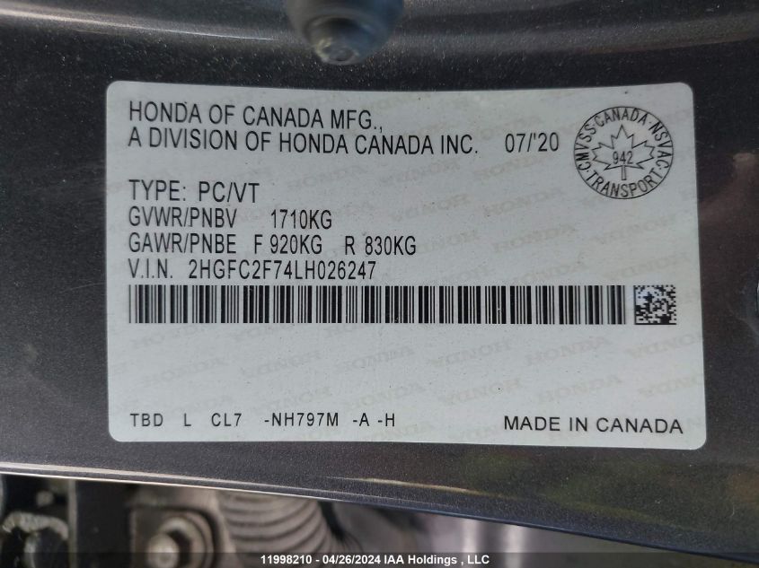 2020 Honda Civic VIN: 2HGFC2F74LH026247 Lot: 11998210