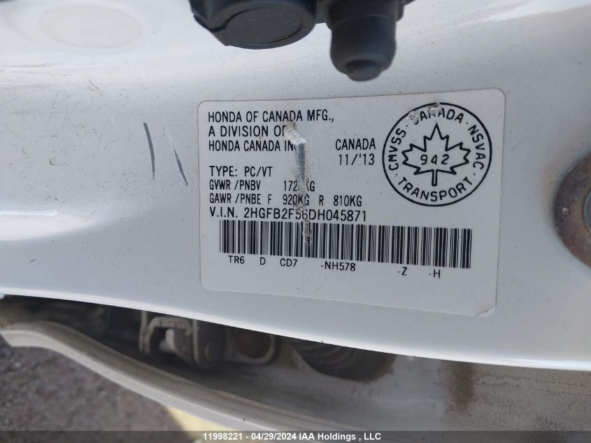 2013 Honda Civic Sdn VIN: 2HGFB2F56DH045871 Lot: 11998221