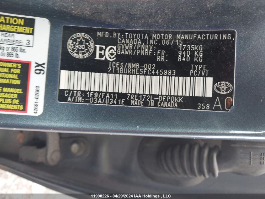 2015 Toyota Corolla L/Le/Le Pls/Prm/S/S Pls VIN: 2T1BURHE5FC445883 Lot: 11998226