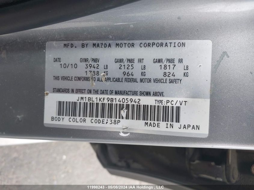 2011 Mazda Mazda3 VIN: JM1BL1KF9B1405942 Lot: 11998243