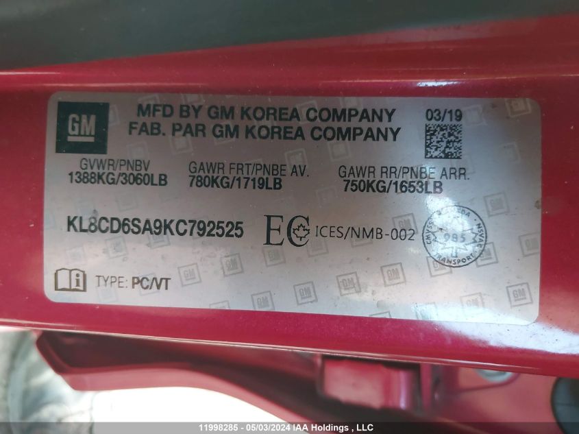 2019 Chevrolet Spark 1Lt VIN: KL8CD6SA9KC792525 Lot: 11998285