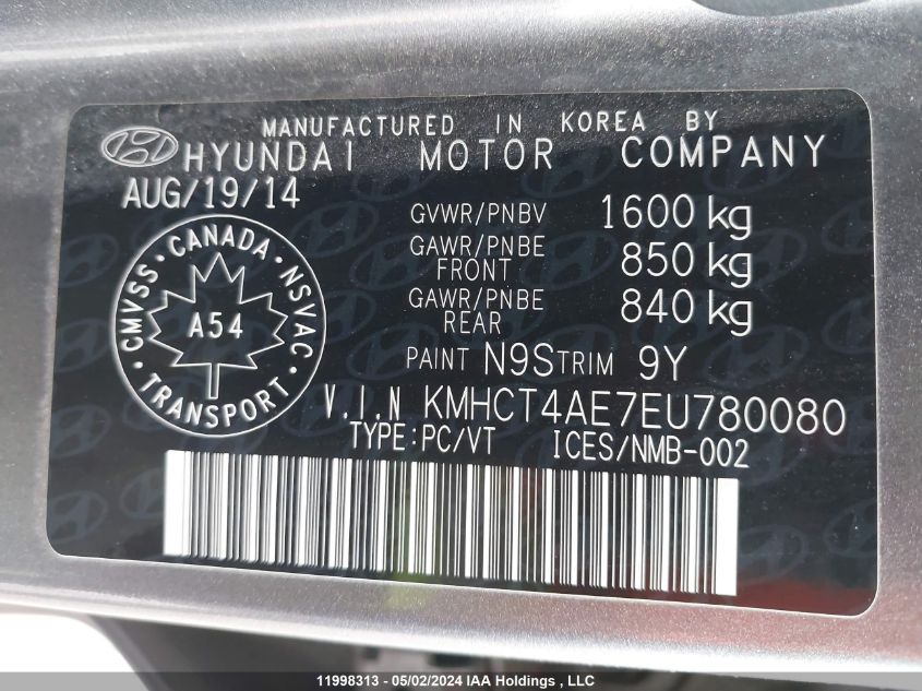 2014 Hyundai Accent L VIN: KMHCT4AE7EU780080 Lot: 11998313