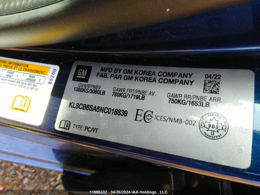 2022 Chevrolet Spark Ls VIN: KL8CB6SA6NC018839 Lot: 11998332