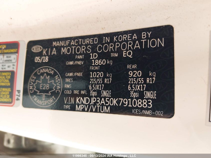 2019 Kia Soul VIN: KNDJP3A50K7910883 Lot: 11998345