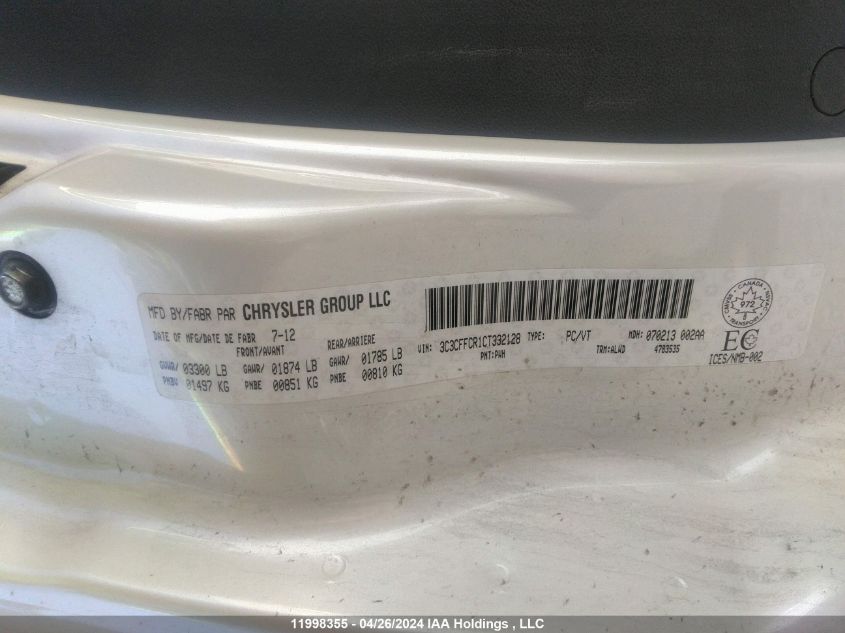 2012 Fiat 500 VIN: 3C3CFFCR1CT332128 Lot: 11998355