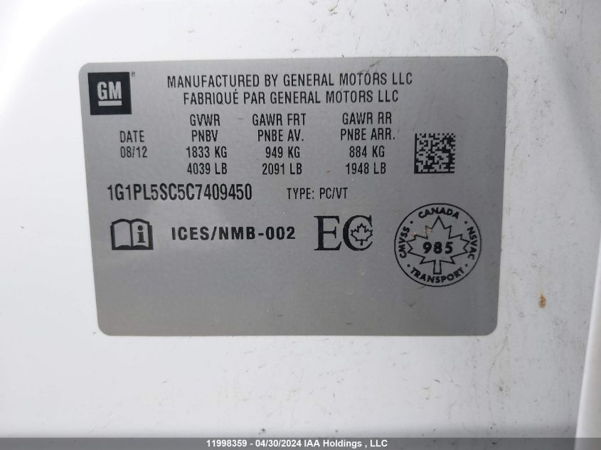 2012 Chevrolet Cruze VIN: 1G1PL5SC5C7409450 Lot: 11998359