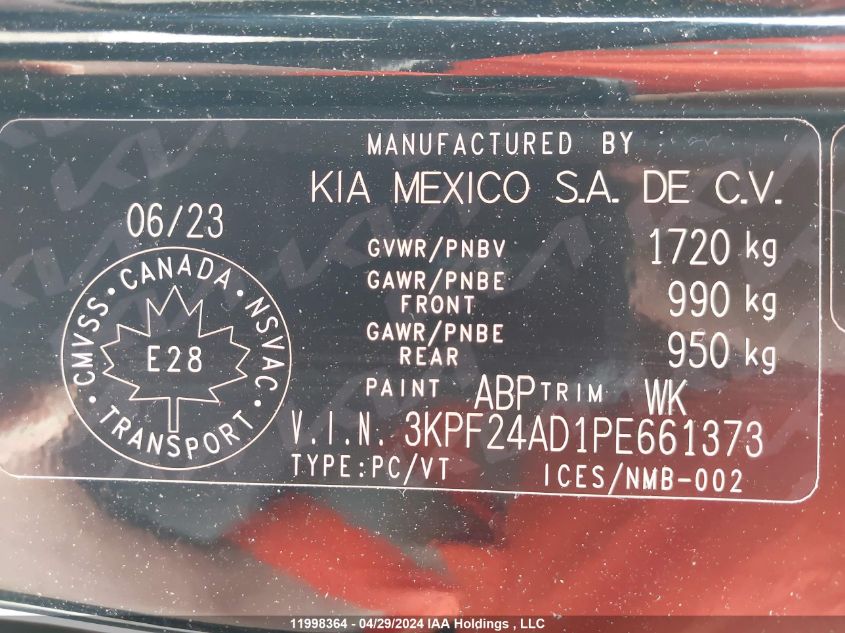 2023 Kia Forte VIN: 3KPF24AD1PE661373 Lot: 11998364