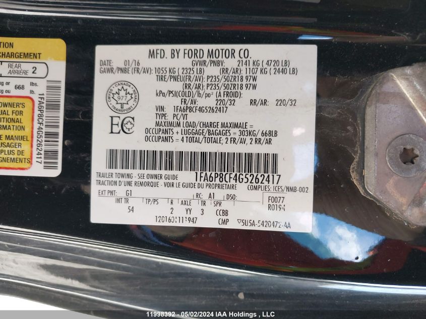2016 Ford Mustang Gt Premium VIN: 1FA6P8CF4G5262417 Lot: 11998392