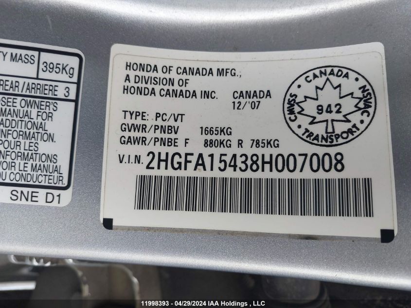 2008 Honda Civic Sdn VIN: 2HGFA15438H007008 Lot: 11998393