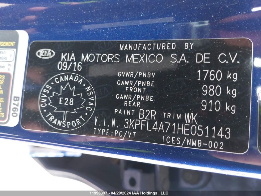2017 Kia Forte VIN: 3KPFL4A71HE051143 Lot: 11998397