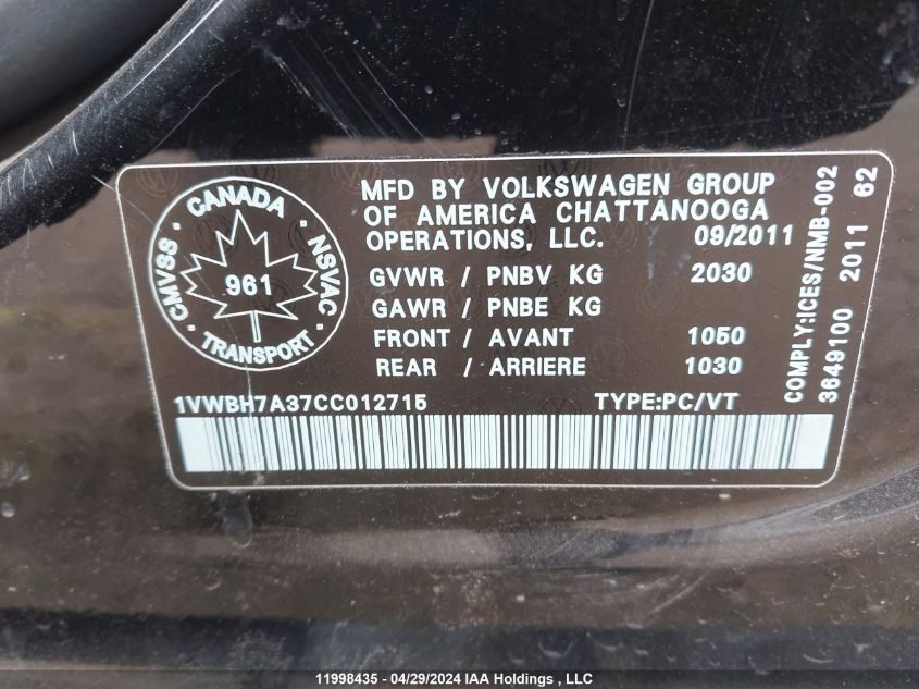 2012 Volkswagen Passat VIN: 1VWBH7A37CC012715 Lot: 11998435