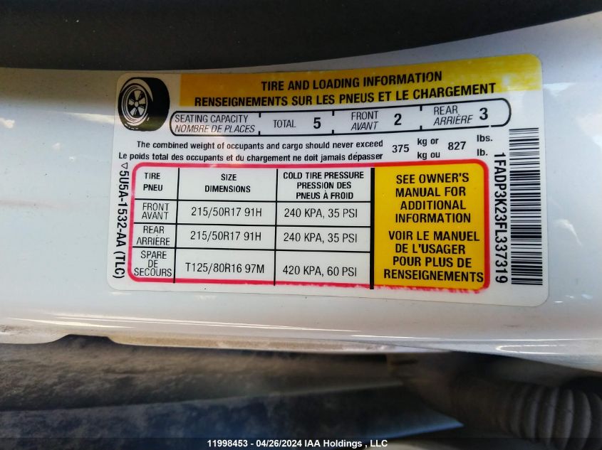 2015 Ford Focus Se VIN: 1FADP3K23FL337319 Lot: 11998453