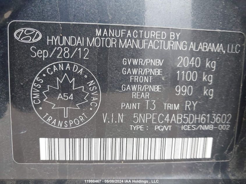 2013 Hyundai Sonata Se/Limited VIN: 5NPEC4AB5DH613602 Lot: 11998467