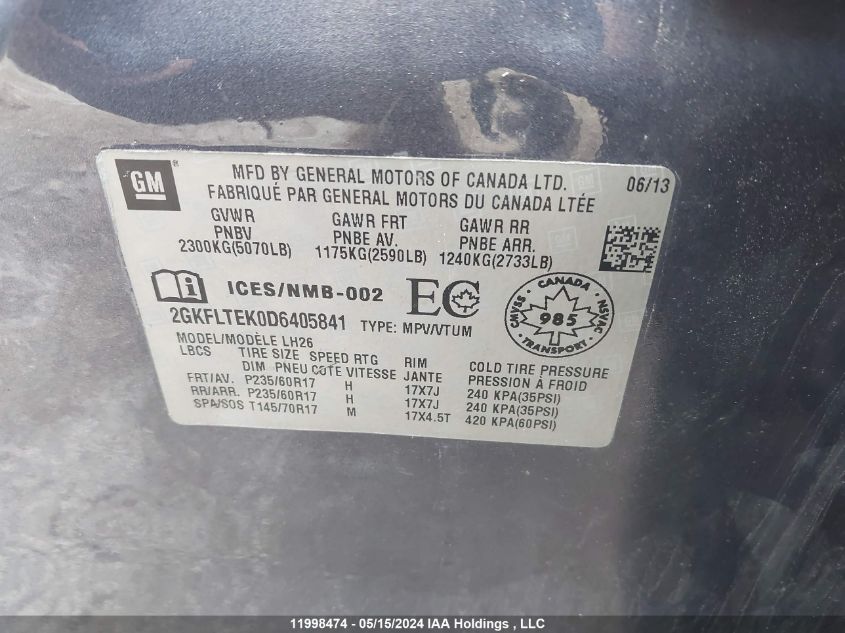 2013 GMC Terrain VIN: 2GKFLTEK0D6405841 Lot: 11998474