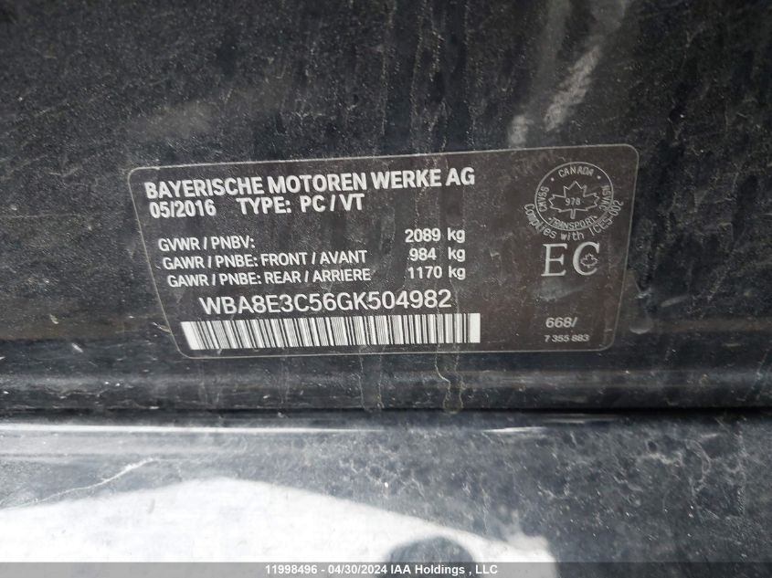 2016 BMW 3 Series VIN: WBA8E3C56GK504982 Lot: 11998496