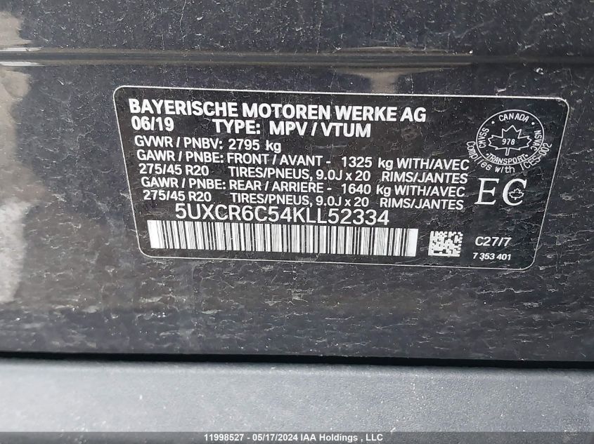 2019 BMW X5 xDrive40I VIN: 5UXCR6C54KLL52334 Lot: 11998527