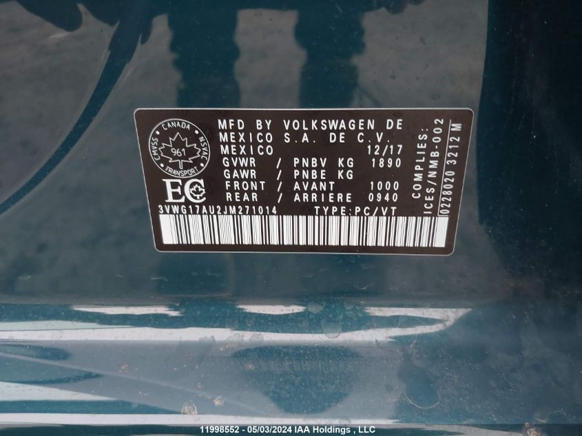 2018 Volkswagen Golf VIN: 3VWG17AU2JM271014 Lot: 11998552