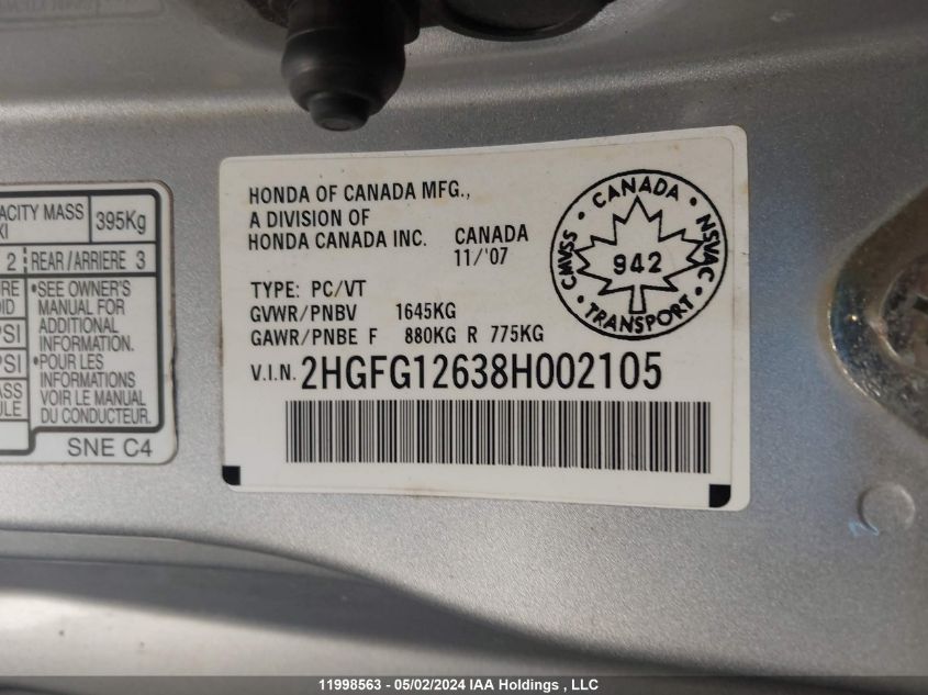 2008 Honda Civic Cpe VIN: 2HGFG12638H002105 Lot: 11998563