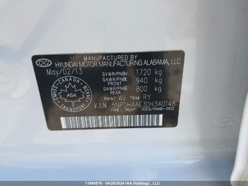 2013 Hyundai Elantra Limited VIN: 5NPDH4AE3DH340148 Lot: 11998576