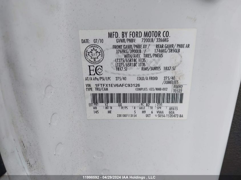 2010 Ford F150 Super Cab VIN: 1FTFX1EV6AFC93126 Lot: 11998592