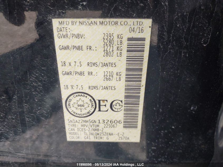 2016 Nissan Murano VIN: 5N1AZ2MH5GN132606 Lot: 11998595