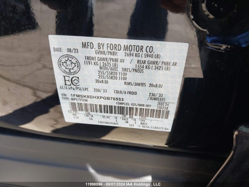 2023 Ford Explorer Xlt VIN: 1FMSK8DHXPGB76553 Lot: 11998596