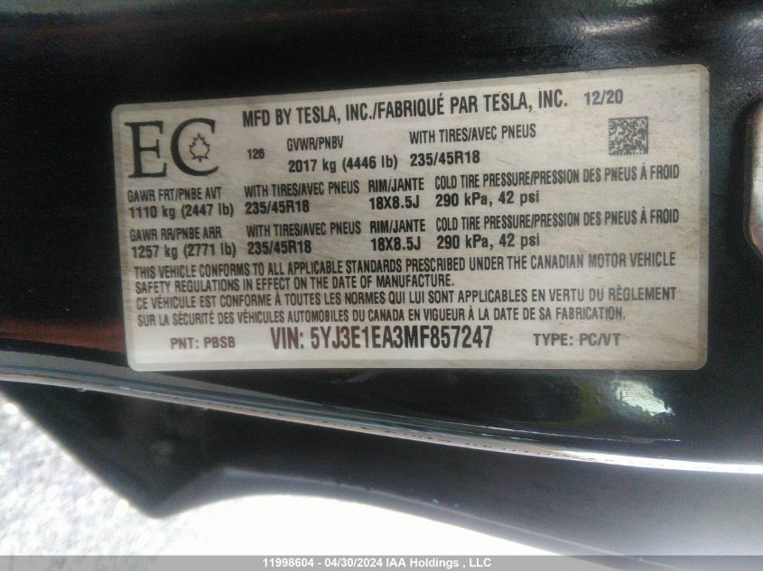 2021 Tesla Model 3 VIN: 5YJ3E1EA3MF857247 Lot: 11998604
