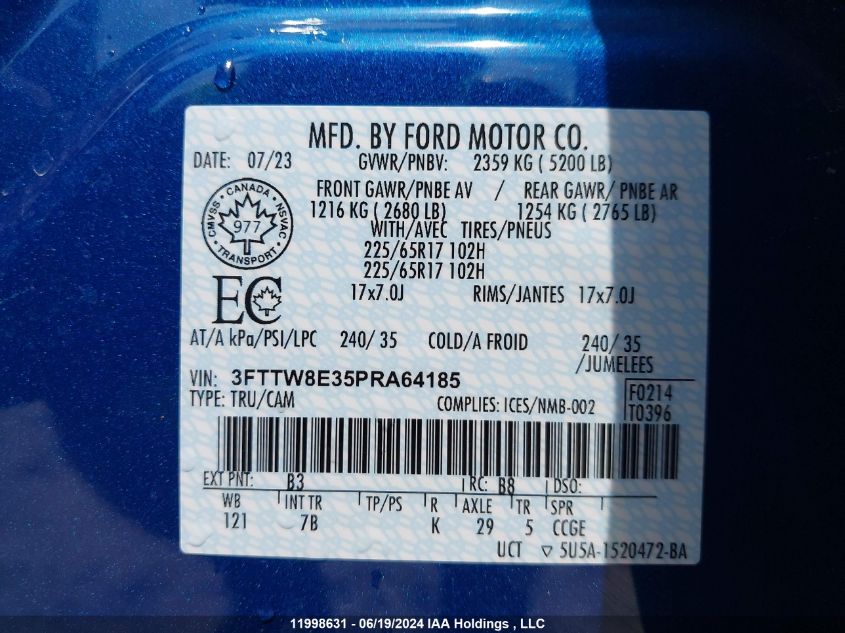 2023 Ford Maverick Xl/Xlt/Lariat VIN: 3FTTW8E35PRA64185 Lot: 11998631