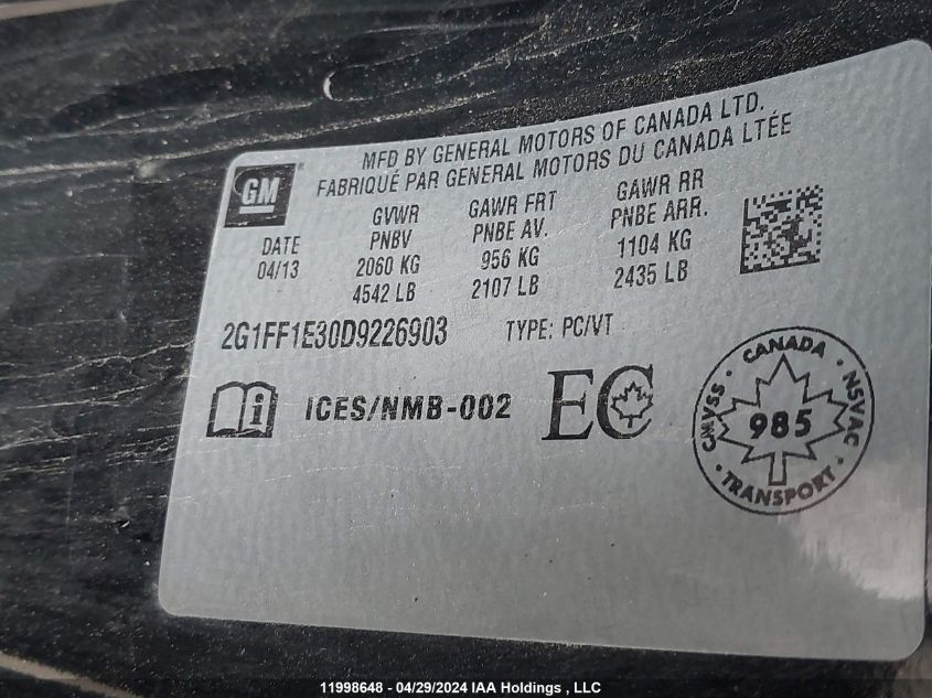 2013 Chevrolet Camaro Lt VIN: 2G1FF1E30D9226903 Lot: 11998648