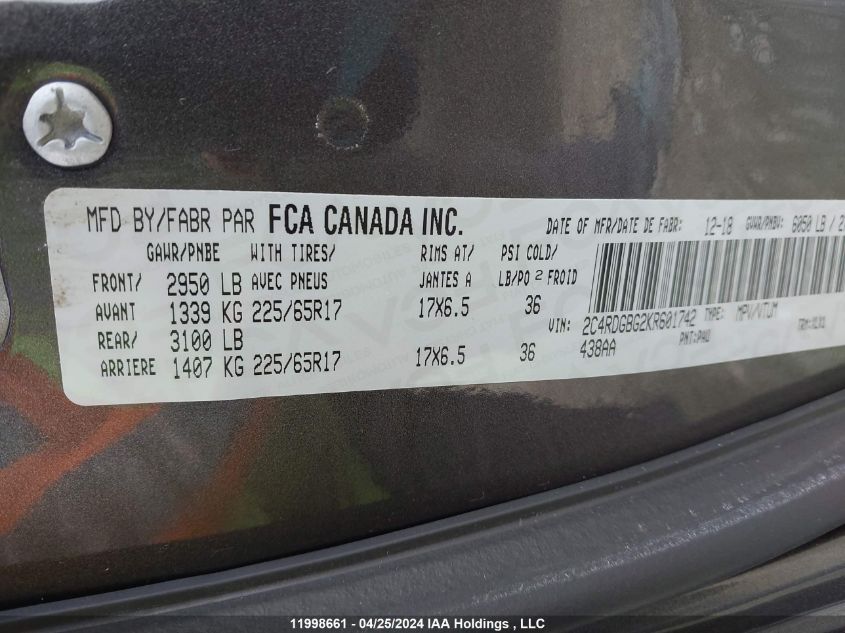 2019 Dodge Grand Caravan Se VIN: 2C4RDGBG2KR601742 Lot: 11998661